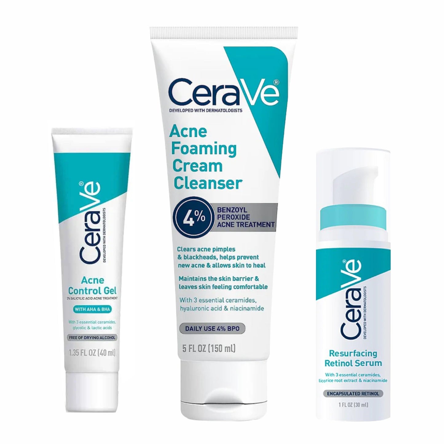 Acne Treatment Bundle - Contains CeraVe Resurfacing Retinol Serum (1 fl oz), CeraVe Acne Foaming Cream Cleanser (5 fl oz), and CeraVe Acne Control Gel (1.35 fl oz) - With 3 Essential Ceramides